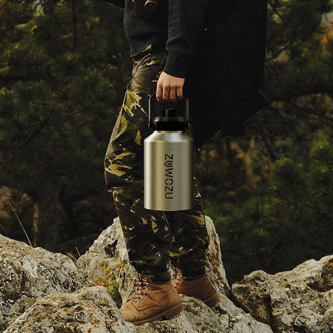 Half Gallon Water Bottle Insulated, 64oz Stainless Steel Half Gallon Water Jug with Straw, Spout,Handle and Carry Sleeve, Wide Mouth,Leak Proof, Keeps Drinks Hot and Cold, Metal Canteen Flask