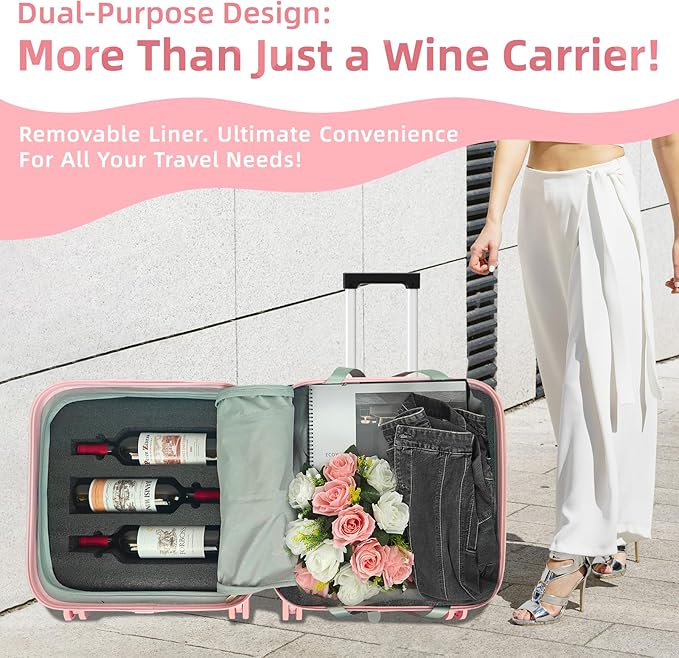 Wine Suitcase, 6 Bottle Wine Luggage, Durable Wine Travel Case, Fly With Wine Suitcase with TSA Lock, Versatile Wine Carrier with Removable Inserts and Silent Spinner Wheels（Pink）