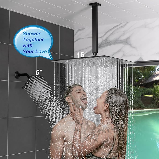 Enga Thermostatic Shower Faucet Set (Eco-Performance), 16 Inch Ceiling Mount Shower Head with 6 Inch Wall Mount Shower Head Dual Shower Faucet Set, All Functions Can operate Simultaneously