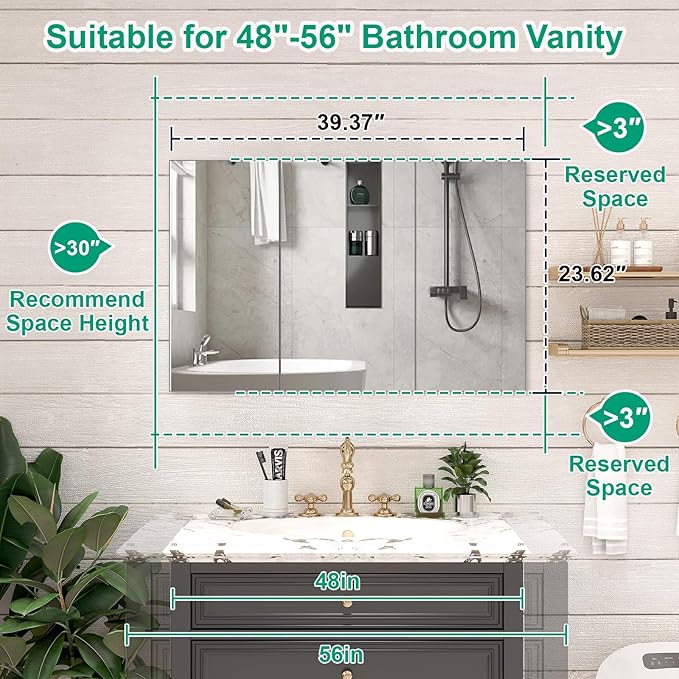 40 x 24 Farmhouse Medicine Cabinet, Tempered Frameless Bathroom Mirror with Storage, Silver Recessed or Surface Mount Aluminum Medicine Cabinet for Bathroom Modern-Large