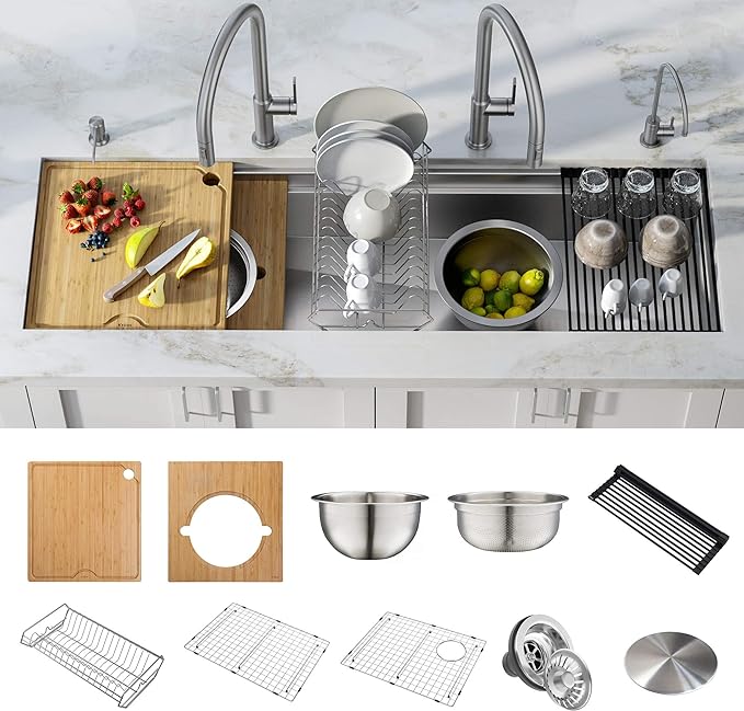 Kraus KWU210-57 Kore 2-Tier Workstation Undermount 16 Gauge Stainless Steel Single Bowl Kitchen Sink with 10 Piece Chef’s Kit of Accessories, 57 inch