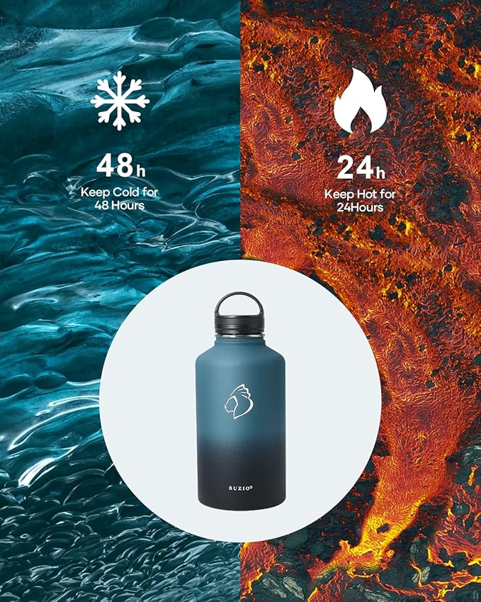 BUZIO Water Bottle with Straw lid, Spout Lid, Hand Lid and Carrying Pouch, 32oz 40oz 64oz Stainless Steel Water Flask Jug, Cold for 48 Hrs Hot for 24 Hrs Double Vacuum Thermo Canteen Mug, BPA-Free