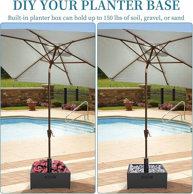 Heavy-Duty Umbrella Base with Wheels,150lb Capacity Fillable Planter Umbrella Stand, Rust-proof Steel Umbrella Holder with Handle & Anti-Collapse Pads, for Outdoor, Patio, Garden, Deck, Poolside, Lawn