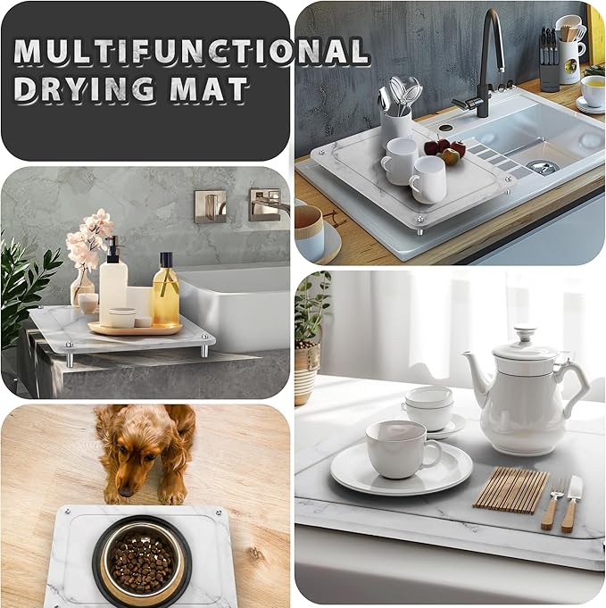 Stone Drying Mat for Kitchen Counter , IPOW Diatomaceous Dish Drying Mats Superb Absorbent，Heat-ResistantFast Drying Stone Mat Kitchen with Non-Slip Stainless Steel Feet（White）