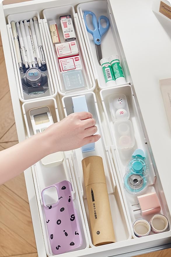 Drawer Organizers Set,Expandable Drawer Organizer Trays,Drawer Organizer Bins for Bedroom,Bathroom, Kitchen, Office (White,4pack)