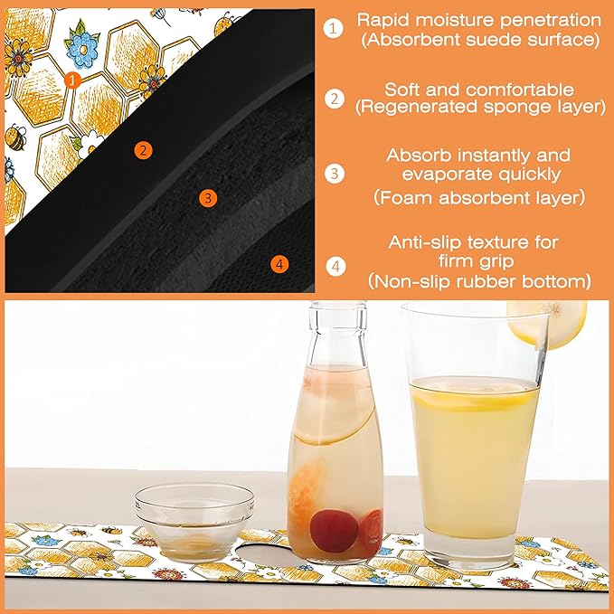 Kitchen Sink Splash Guard Faucet Mat Cute Bees and Honeycomb Sink Splash Guard Behind Faucet,1 PC Soft Diatom Mud Non-Slip Mat-for Kitchen,Dish Drying Mat,Bathroom Faucet Mat 15.5""X5.5""