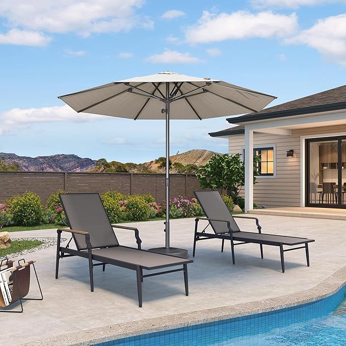 PURPLE LEAF 10 FT Semi-Auto Outdoor Patio Umbrella Market Table Sun Umbrellas with 8 Aluminum Sturdy Ribs for Backyard Deck Garden Pool (Gray Pole Beige Canopy)