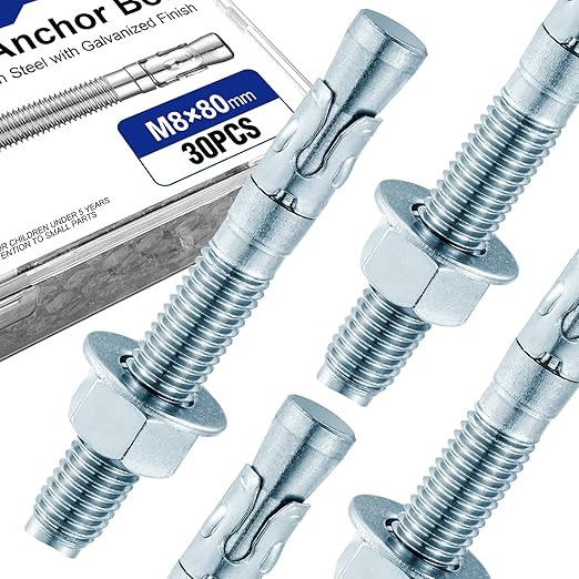30Pcs M8×80mm Wedge Anchor Bolt, Carbon Steel Zinc Plated, Concrete Anchor Screws Kit, Anti-Rust Metric Expansion Bolts