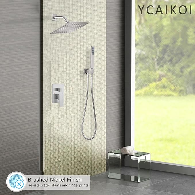 Brushed Nickel Shower System, 8 Inch High Pressure Rain Shower with Handheld, Wall Mount Shower Faucet Set for Bathroom, Rough-in Valve Body and Trim Included