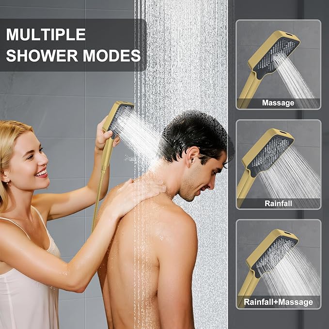 Thermostatic Shower System 13-Inch Rainfall Shower Head - 3 Setting Handheld Sprayer, Complete Bathroom Set with Faucet Mixer Trim Kit & Valve Brushed Gold