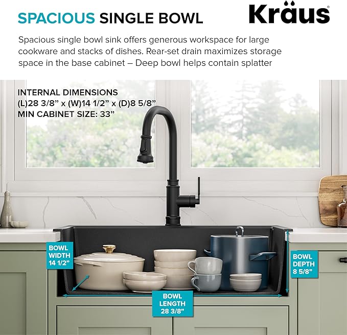 KRAUS Quarza 31-inch Drop-In/Undermount Single Bowl Granite Kitchen Sink in Black Onyx, KGD-412B