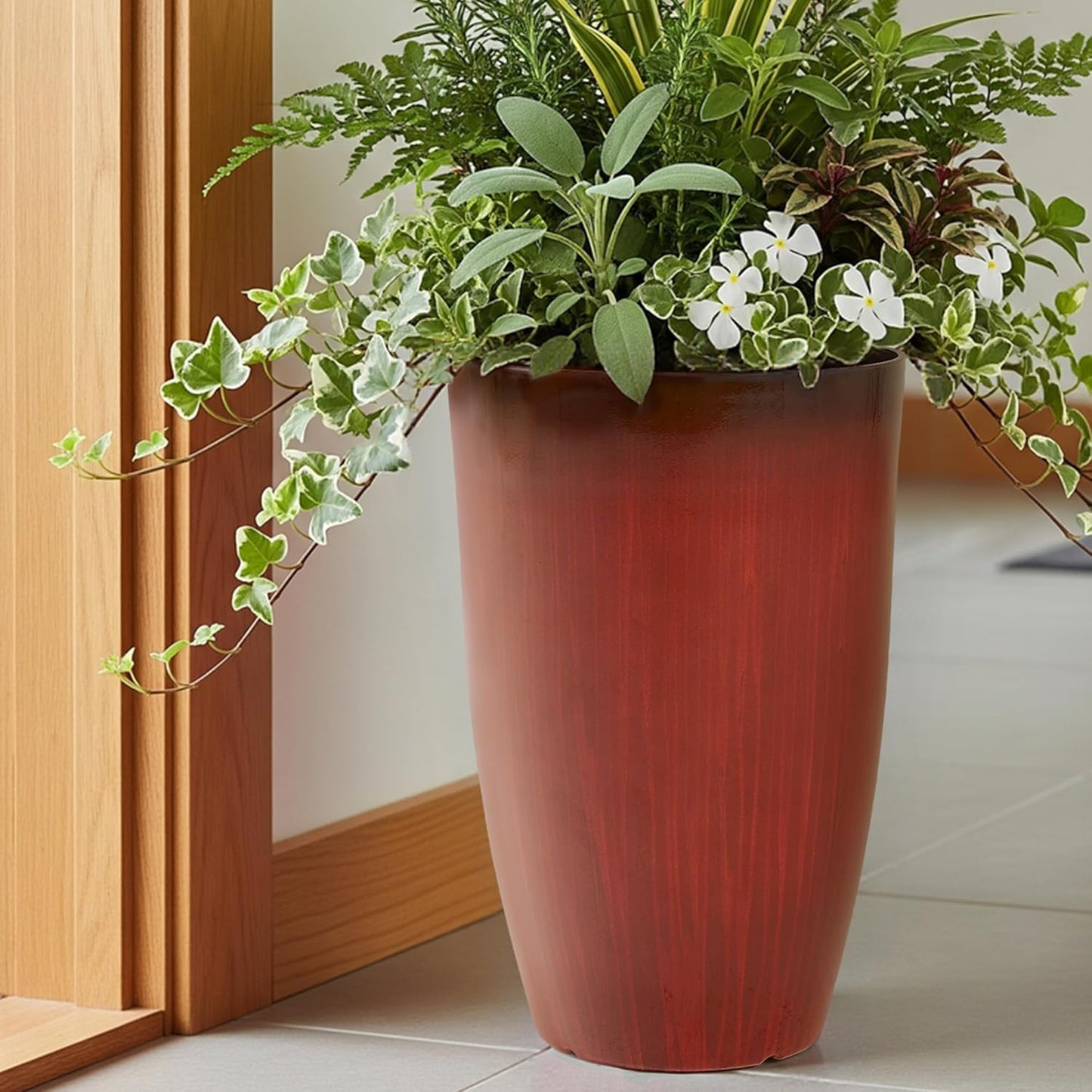 Worth Garden 20" H. Plastic Planters - Set of 2 Gradient Red Glossy Smooth Finish - Tall Plant Pots Drain Hole for Indoor Outdoor Use - Decorative Lightweight Flower Pots for Front Porch, Patio, Deck