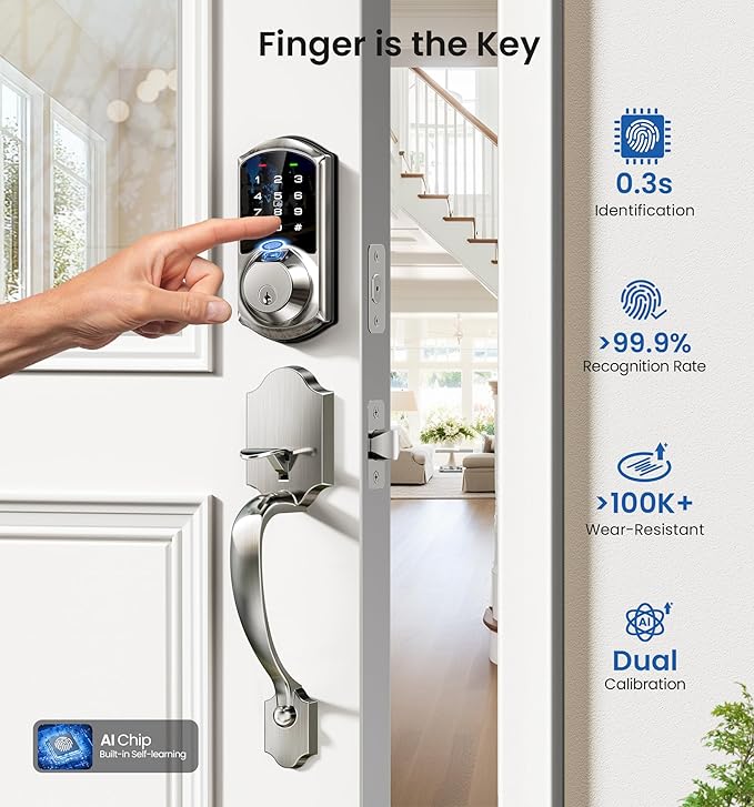 Veise VE07-H Fingerprint Smart Locks for Front Door with Handle Set, App Control, Keyless Entry Keypad Deadbolt, Digital Electronic Touchscreen, Easy Install, Auto Lock, Satin Nickel
