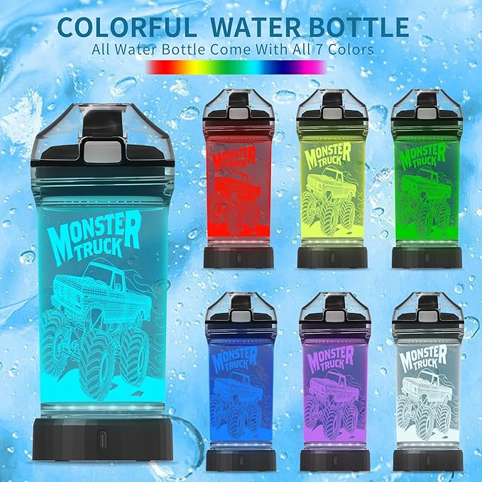 Kids Water Bottle with Monster Truck Design 3D Glowing LED Light-Tritan BPA Free,Perfect for Back-to-School Season, Girls, Boys, Kids, Holiday Camping, Picnic Gifts - 14 oz Travel Mug