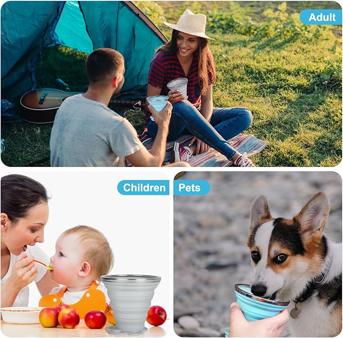 Silicone Collapsible Travel Cup Small 270ml Folding Drinking Cups Silicone Folding Camping Cup for Outdoor Hiking Travel （Blue and Grey,2Pack