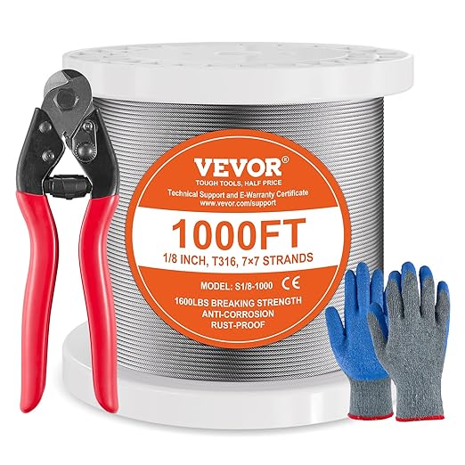 VEVOR 1/8 Stainless Steel Cable, 1000 FT 316 Cable Railing Kit with Cutter and Gloves, 1600 lbs Breaking Strength, 7x7 Strands Marine Aircraft Cable for Handrail Stair Decking Fence Outdoors