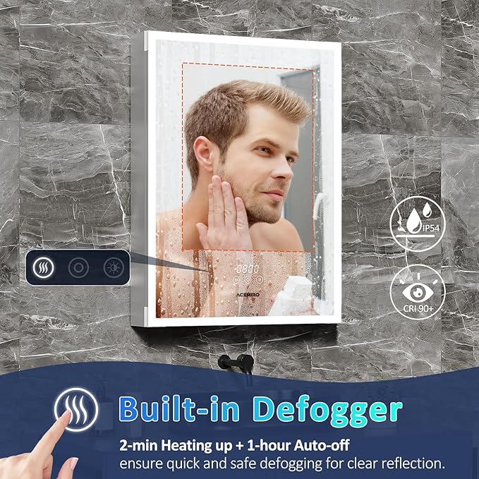 24"×32" Medicine Cabinet with Mirror and Lights, Surface or Recessed LED Bathroom Mirror Cabinet with Outlet & USB Ports, Defogger, Dimmer, Memory Function, Clock & Temp, Door Right Open