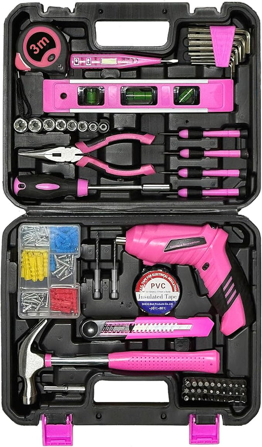 Pink Toolbox Essentials for Women Girls Starter DIY Drilling Kit with Cordless Power Tools, Electric Drill, Hammer, Screwdriver Sets, Mini Hand Tools, and Combo Bits for Home Repair Household Gift