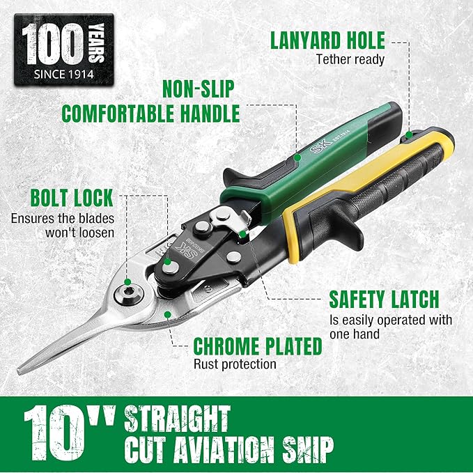 SK 10 Inch Aviation Tin Snips, Straight Cut, Cr-Mo Steel Blade, Anti-slip Handle and Safety Latch, for Cutting Sheet Metal
