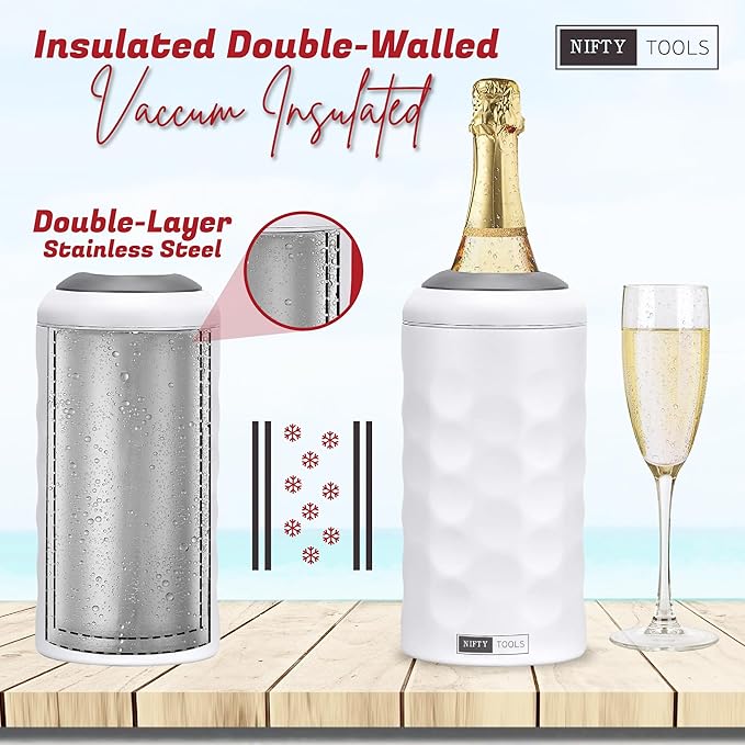 Portable Double Wall Insulated Vacuum Stainless Steel Wine Champagne Bottle Chiller Gift Set w/two tumblers (White)