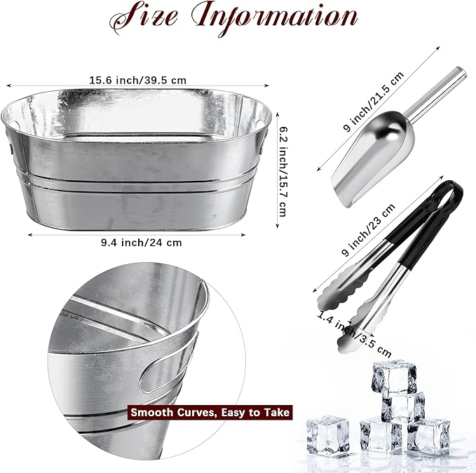 4 Pieces Galvanized Metal Drink Cooler Beverage Tubs Insulated Drink Tub with 4 Ice Scoop and 4 Stainless Steel Tongs 4 Gallons Beverage Ice Tubs for Summer Parties