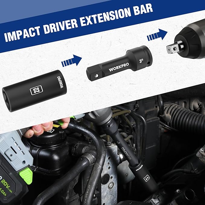 WORKPRO 1/2” Drive Impact Socket Set, 65PCS SAE(3/8”-1-1/4”) and Metric(10-24mm) Deep & Shallow Kit, Ratchet Handle, Extension Bar, Impact Universal Joint and Adapters for Automotive Repair
