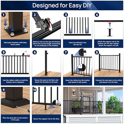 1 Pack 36 in. H x 8 ft. W Porch and Deck Railing Kit Without Post, Aluminum Stair Railing Kit, Black Textured Powder-Coat Finish Railing System for Concrete Steps or Wooden Stairs (1 Panel)
