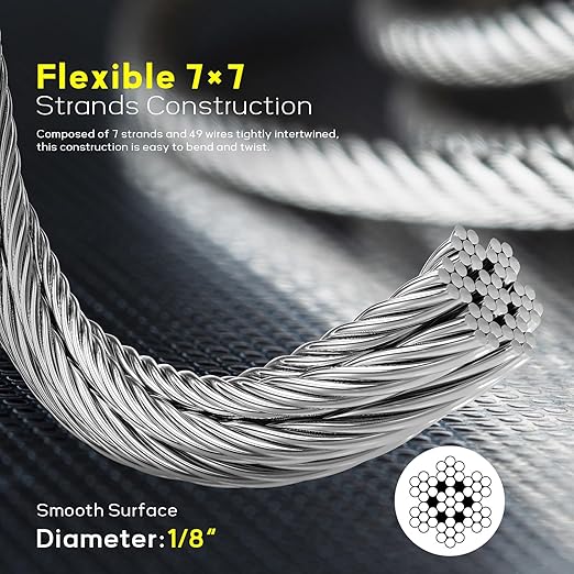 1000FT 1/8" T316 Stainless Steel Cable, Wire Rope Aircraft Cable for Deck Cable Railing Kit and DIY Balustrades, 7x7 Strands Construction, Comes with a Cutter