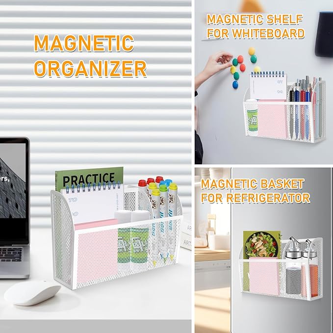 Magnetic Pencil Holder Magnetic Shelf for the Whiteboard 3-Grid Mesh Magnetic Pen Holder for Refrigerator Magnetic Organizer Locker Accessories Organizer for Office (White)