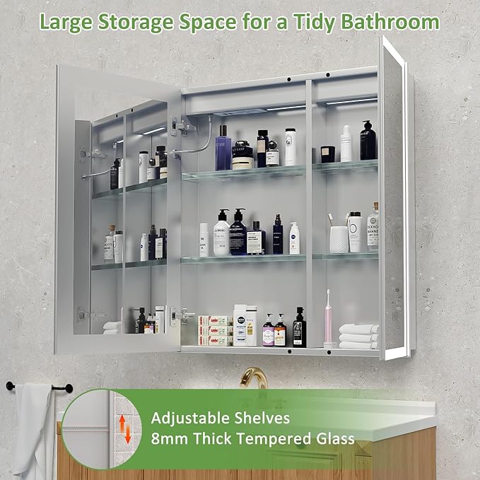 Medicine Cabinet with Lights, Bathroom LED Mirror Cabinet with Storage, Anti-Fog & 3 Color Lights, Recessed or Wall Mounted (30X32 in)