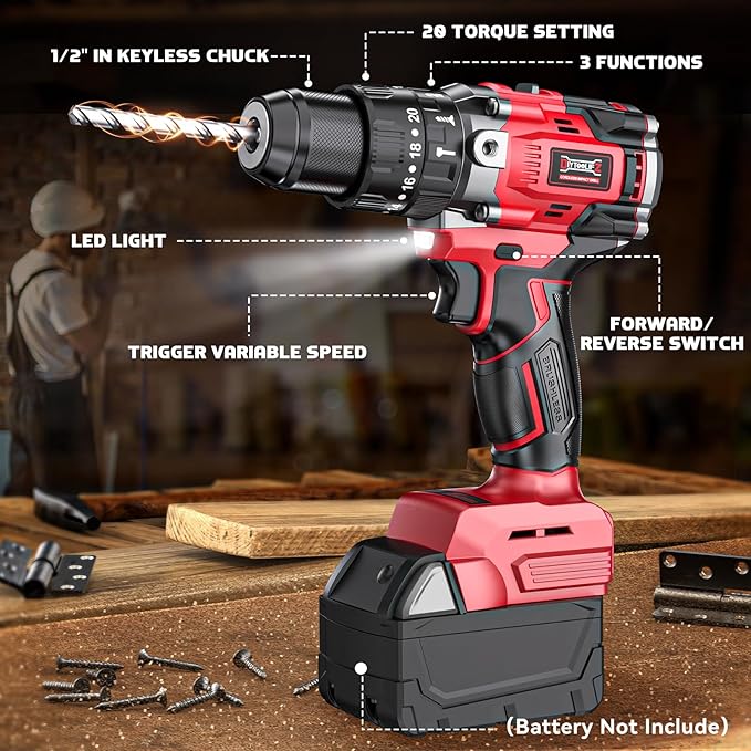 Cordless Drill Set Compatible with Milwaukee 18V Battery, 20+3 Torque Setting Power Drill Driver Set, 1/2 Inch Keyless Chuck Brushless Compact Driver/Drill Kit Tool (Battery Not Included)
