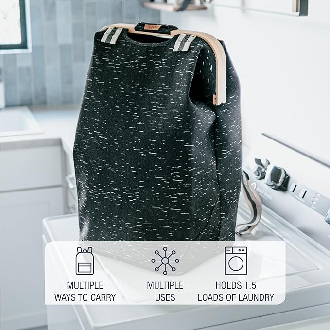 CleverMade Collapsible Laundry Backpack Hamper - Black Birch 45L / 12 Gal 30 lbs - Space Saving Storage Organizer with Strap Home Organization