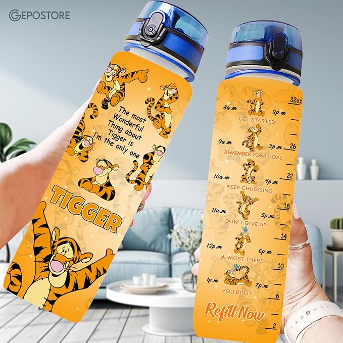 Orange Tiger 32 Oz Insulated Water Track Bottle, Orange Cartoon Character Water Bottle With Time Marker, Motivational Gifts For Cartoon Lovers