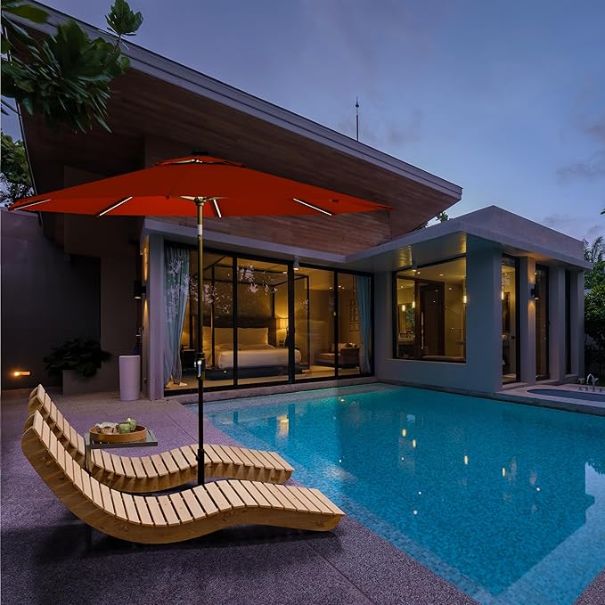 Midtown Umbrellas The LED Swilt 10 Feet Patio Umbrella With Sunbrella Red Acrylic Fabric - Auto-Tilt Aluminum Frame With LED Lights For Backyard, Deck, Garden, Pool - Black Pole