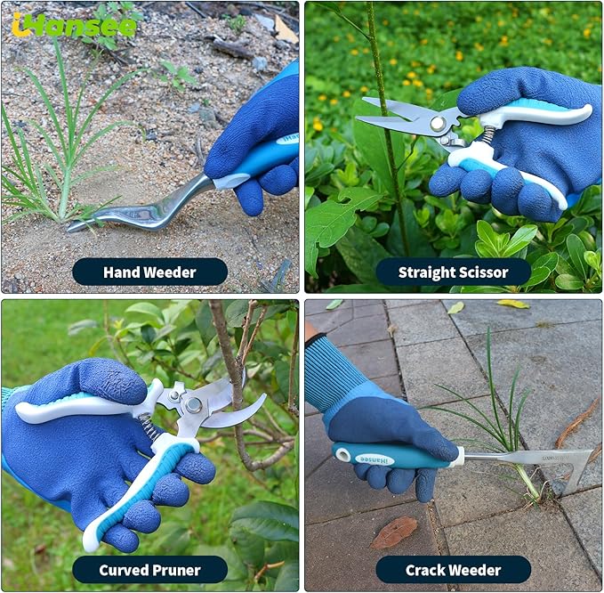 Blue Garden Tool Sets 12-Piece, Aluminum Gardening Hand Tools w/Ergonomic Handle, Garden Supplies Organizer Handbag, Kneeling Pad, Apron and Gloves, Gift for Women, Garden Starter Kit for Women