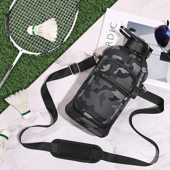 Fimibuke Half Gallon Water Bottle with Sleeve 64 OZ Water Bottle with Handle & Straw Leakproof Motivational Sports Gym Water Bottle with Time Marker BPA Free Water Jug with Reusable Neoprene Holder