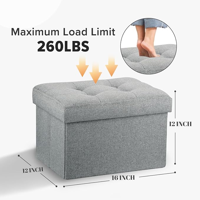 LINMAGCO Ottoman Storage Ottoman with Storage Small Foot Rest Stool Under Desk Stool Short Folding Footrest Linen Cloth Light Gray 16X12X12IN