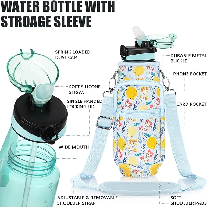 Fimibuke 32 oz Water Bottle with Sleeve - BPA Free Leakproof Sport Large 1L Plastic Motivational Water Bottle with Straw Strap & Insulated Neoprene Holder Carrier Bag Great Xmas Gift for Women Men