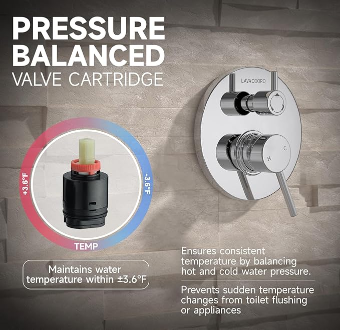 Lava Odoro Modern 3-Setting Round Rain Bathtub and Shower Faucet Set, Chrome Rainfall Shower Head and Handle Set, Rain Shower System with Tub Spout, Shower Valve Trim Kit, Chrome, SF104-C-T