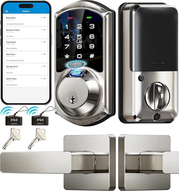 Veise VE07-L Fingerprint Smart Locks for Front Door with Zinc Alloy Handle Set, App Control, Keyless Entry, Electronic Digital Keypad Deadbolt, Auto Lock, Waterproof, Easy to Install, Matte Black