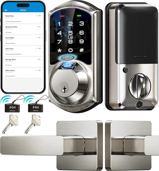 Veise VE07-L Fingerprint Smart Locks for Front Door with Zinc Alloy Handle Set, App Control, Keyless Entry, Electronic Digital Keypad Deadbolt, Auto Lock, Waterproof, Easy to Install, Matte Black