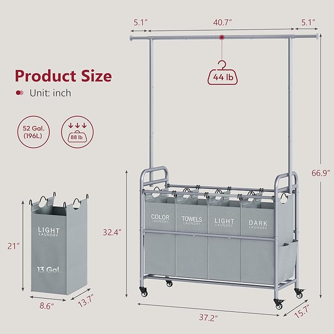 Tajsoon Laundry Sorter with Hanging Bar, 4 Section Rolling Laundry Hamper with Heavy Duty Lockable Wheels, Laundry Sorter Cart for Bathroom & Bedroom, Gray