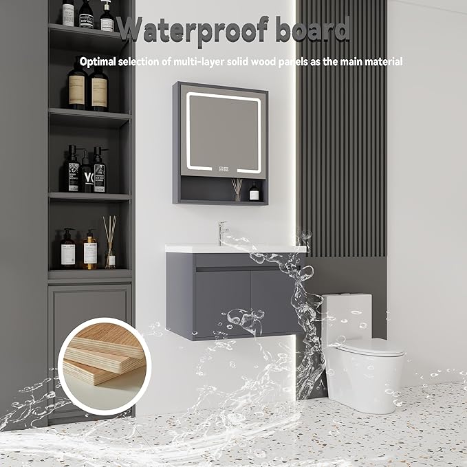 28'' Bathroom Vanity with Ceramic Sink Combo and Medicine Cabinet Mirror with Led Light/Defog, Wall Mounted Small Bathroom Vanity with Soft-Close Door Modern Floating Cabinet, Gray(No Faucet)