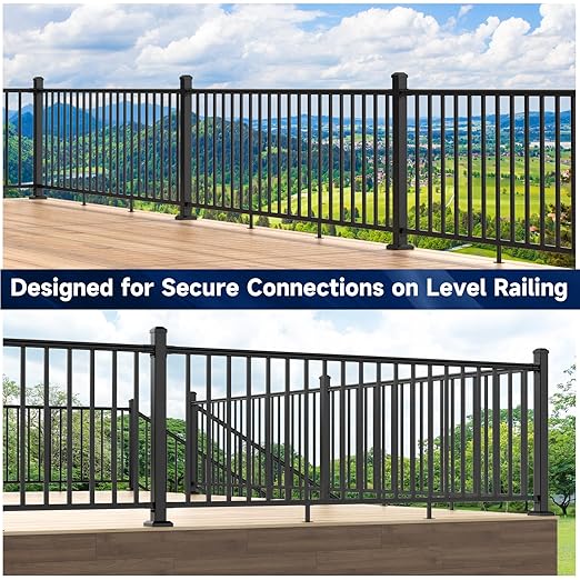 4 Pack Aluminum Deck Railing Bracket Connector with Level Foot & Drill, Fixed Railing Bracket, Black Textured Powder-Coat Finish Railing System (Level Bracket)