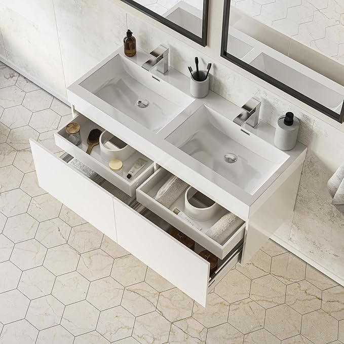 Fresca Mezzo 48 Inch White Wall Mount Modern Double Bathroom Vanity - Includes Double Integrated Sinks with 4 Soft-Closing Hidden Drawers - Faucets Not Included - FCB8012WH-I