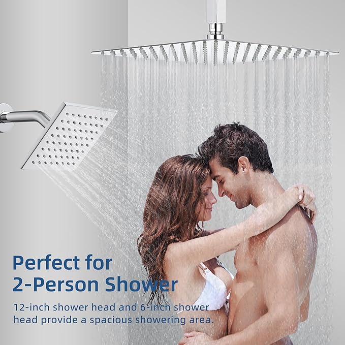 Thermostatic Dual Shower Heads System with Ceiling 12-Inch Rainfall Shower & Wall Mount 6-Inch High Pressure Shower Head, Bathroom Chrome Shower Faucet Set with Handheld Sprayer