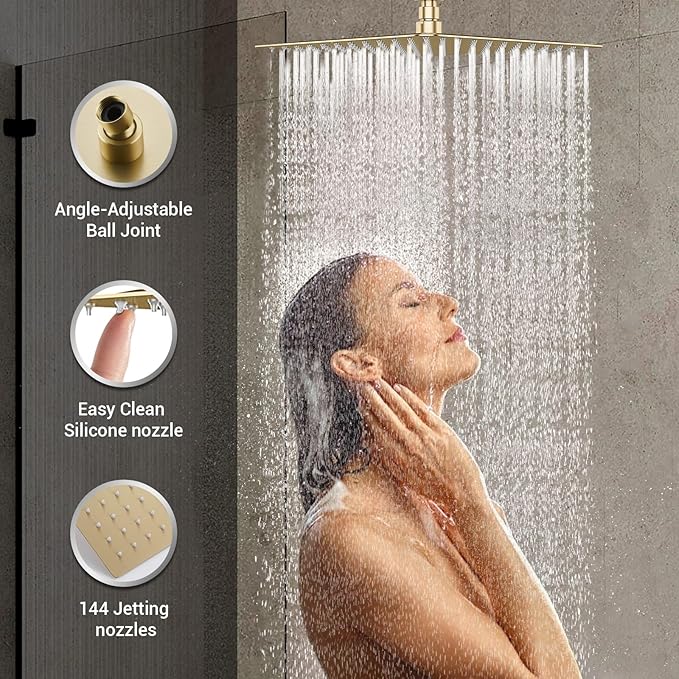 Full Body Rain Shower System with 4 Body Shower Jets & 12’’ Wall Mount Rainfall Shower Head & Handheld, DASAN Multi Shower Head System Brushed Gold Rain Shower Faucets sets Combo with Rough-in Valve