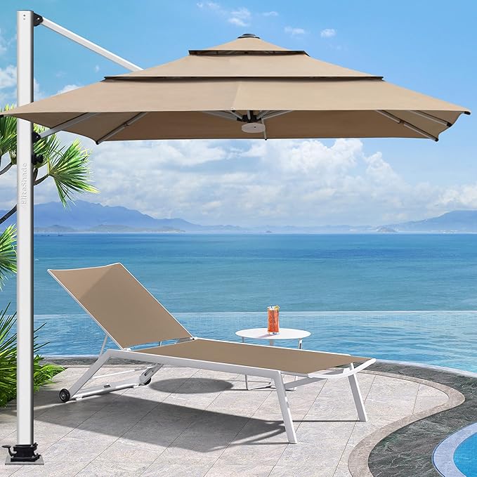 EliteShade USA APOLLO 3-Tier 10x10FT Full Aluminum Cantilever Patio Umbrella for Outdoor restaurant Garden Courtyard Deck Pool and Marketing with Light(No battery),Heather Beige