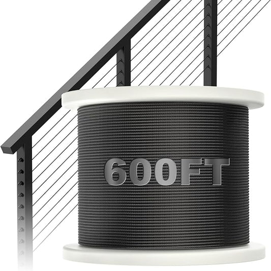 BLIKA 600FT 1/8" Black Stainless Steel Cable, T316 Marine Grade, Stainless Steel Wire Rope 7x7 Strand Construction, 1850lbs Breaking Strength Aircraft Cable for Deck Cable Railing, DIY Balustrades