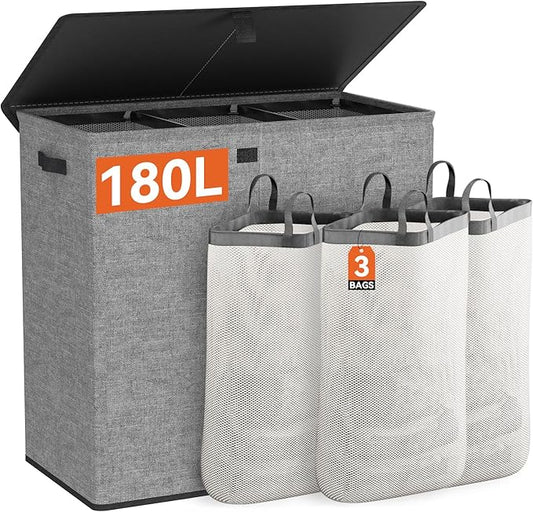 WOWLIVE Laundry Hamper with Lid,180L Large Laundry Basket 3 Section with Removable Washing Bags,Collapsible Waterproof Dirty Clothes Hamper for Laundry Room Bathroom Dorm,Gray